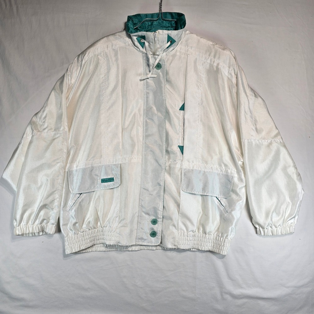 Ms Cambridge Vintage 90s Windbreaker Jacket White Teal XL Full Zip Bomber Style